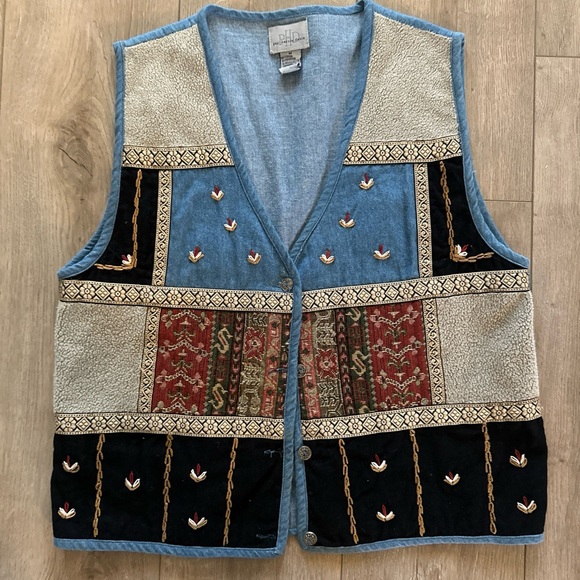 Vintage‎ Paul Harris Denim Womens Vest M Blue Flowers Patchwork Country - Picture 1 of 10